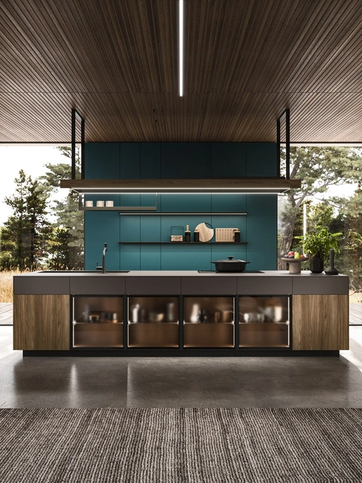 Cucina Design con isola Ak Project 01 in finitura Noce e Fenix di Arrital