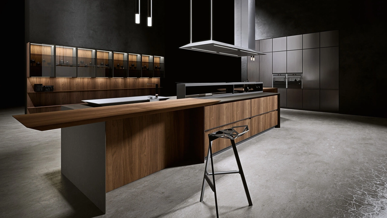 Cucina Design con isola in impiallacciato Noce Canaletto e laccato ossidato Piombo AkB 08 02 di Arrital