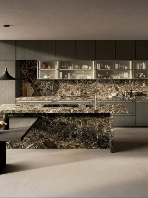 Cucina Design Margo Project 3 in Rovere sabbiato Piombo e marmo Emperador lucido di Euromobil