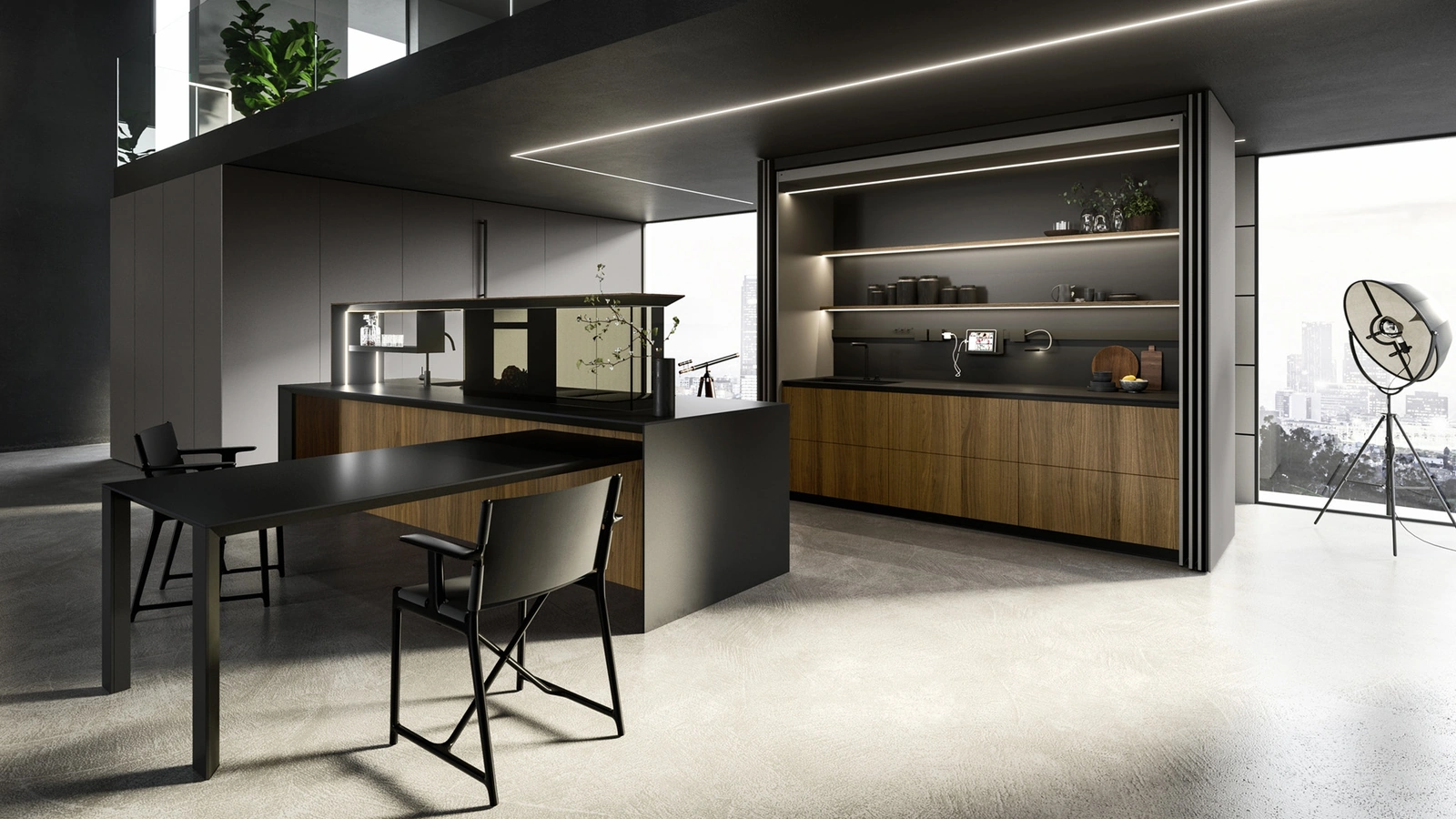 Cucina Design con isola Nautila 04 in Noce Canaletto con top in gres nero natural di Arrital