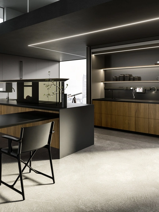 Cucina Design con isola Nautila 04 in Noce Canaletto con top in gres nero natural di Arrital