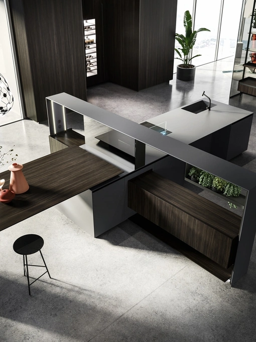 Cucina Design con isola Nautilia 05 in Fenix NTM grigio bromo e Rovere fumè di Arrital