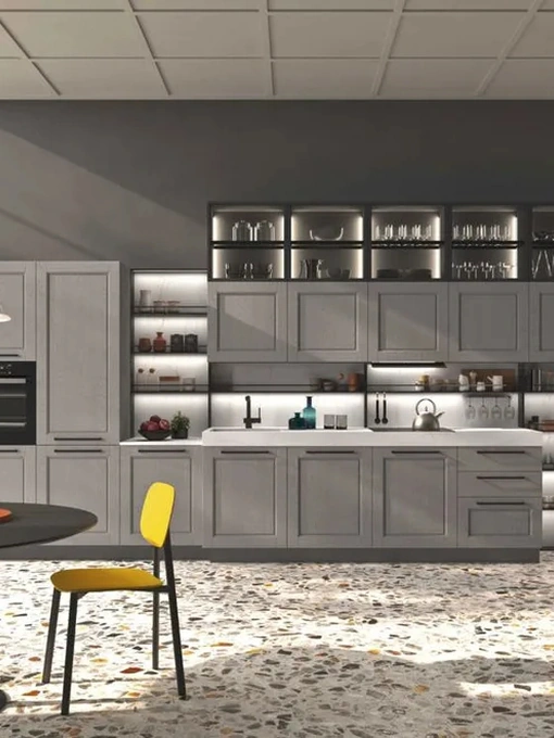 Cucina Moderna lineare in legno laccato platino e top in HPL Cloe 02 di Ar-Tre